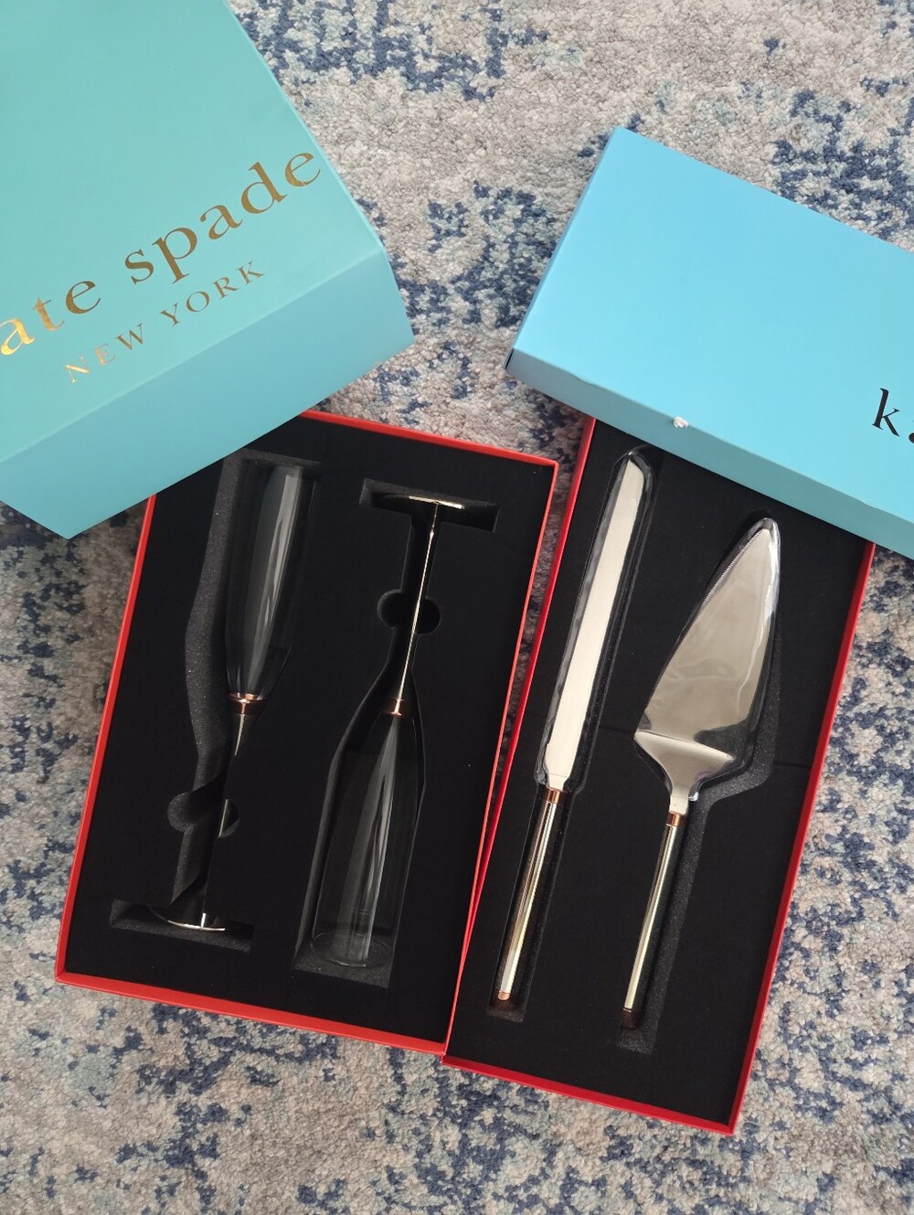Kate Spade Lenox Rosy Glow Rose Gold Champagne Flute Pair & Dessert Serving Set